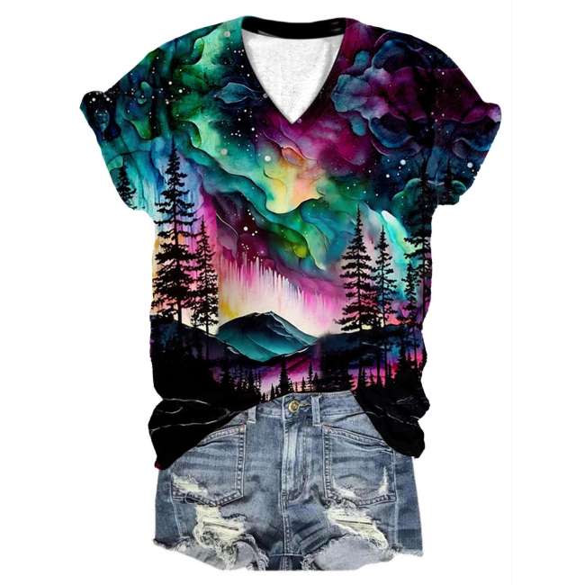 Aurora Borealis V-Neck Tee for Women